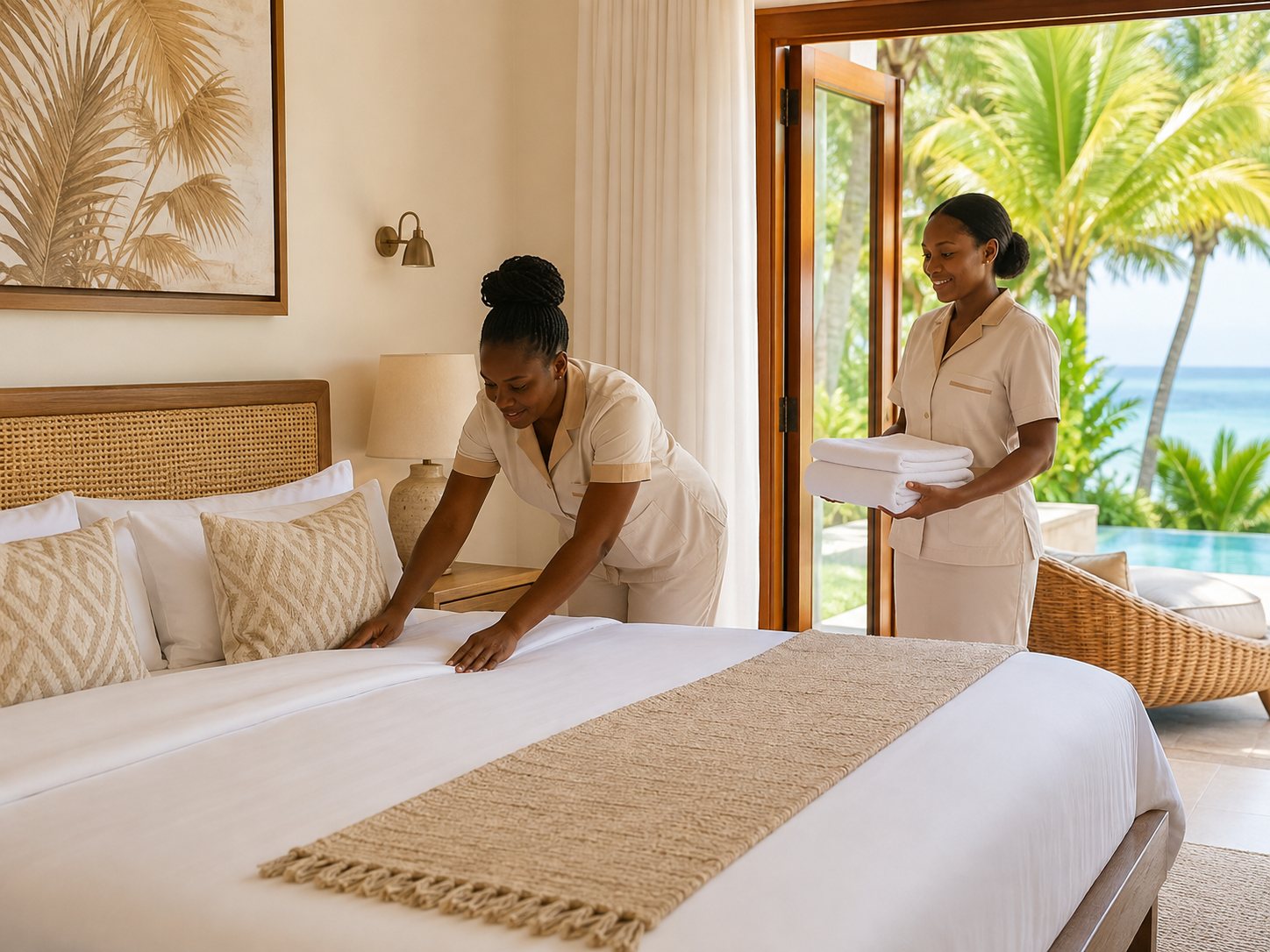 Housekeeping team preparing a villa bedroom for guests